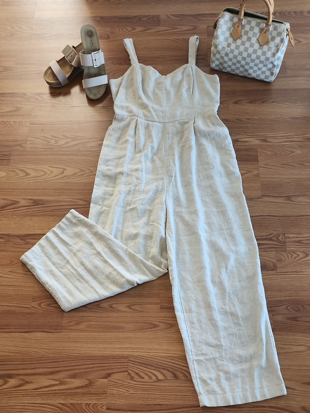 Old Navy Cream Sleeveless Linen Jumpsuit with Wide Legs